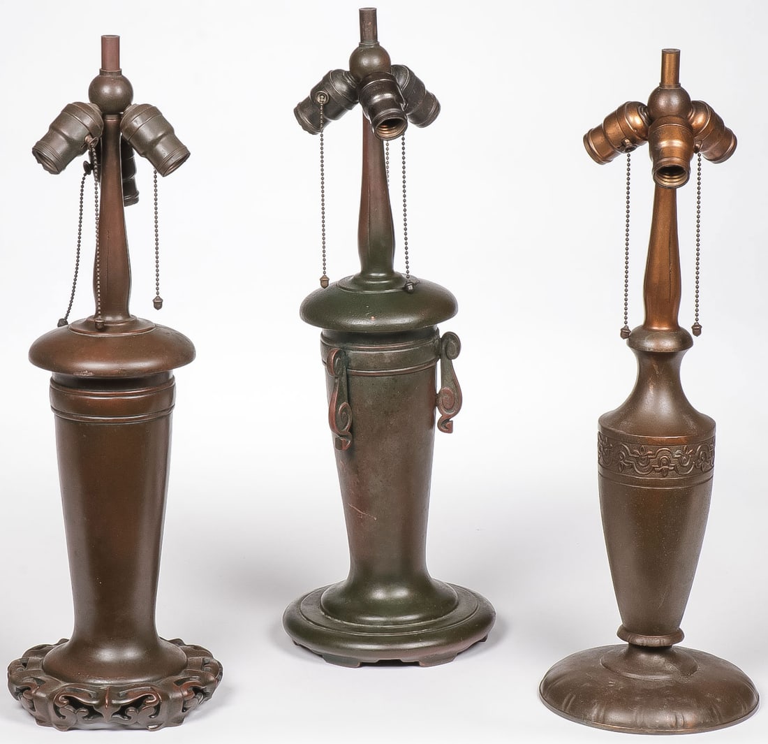 3 VINTAGE HANDEL LAMP BASES: 3 VINTAGE HANDEL LAMP BASES. Each with patinated finish and three light sockets. All need rewiring. Greatest overall height 23 inches. NO RESERVE. SHIPPING NOTICE: Except for large, oversized items, J