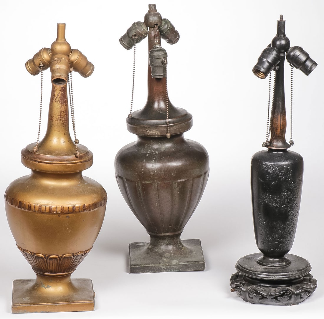 3 VINTAGE TABLE LAMP BASES: 3 VINTAGE TABLE LAMP BASES. Each likely Handel and each with three sockets. All need rewiring. Greatest height 22 inches. NO RESERVE. SHIPPING NOTICE: Except for large, oversized items, Jackson's is y