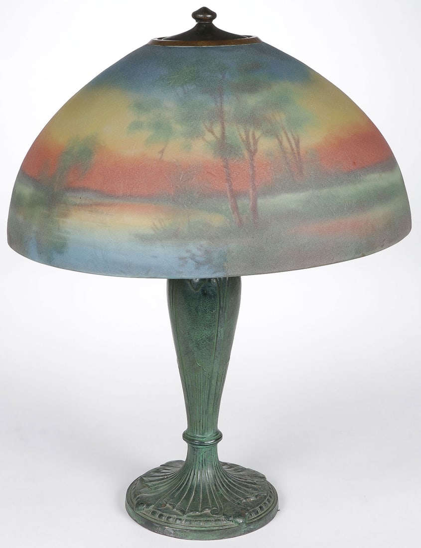 JEFFERSON REVERSE PAINTED TABLE LAMP: JEFFERSON REVERSE PAINTED TABLE LAMP. The reverse-painted domed shade with finely painted dusk scene and with ice chipped finish, interior lip of shade signed JEFERSON and 2363. The underside of base 