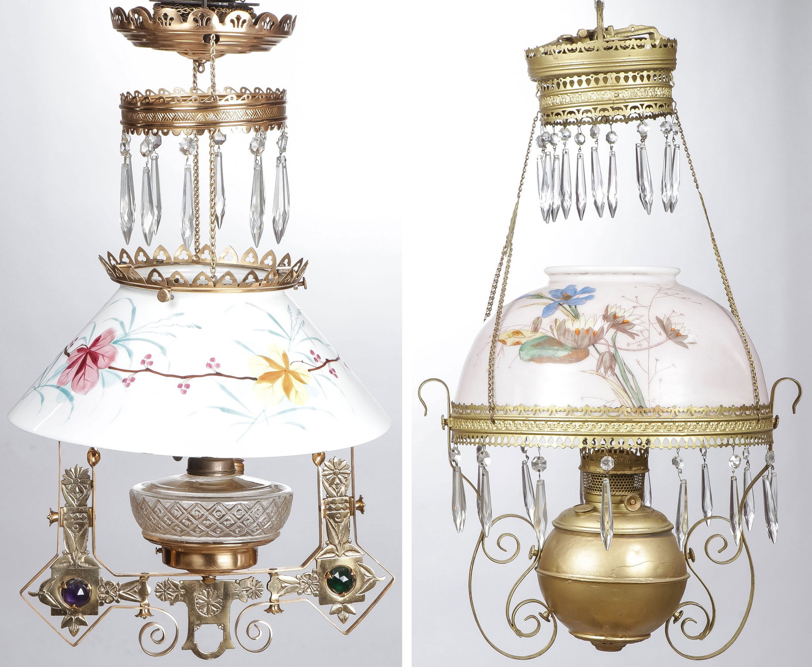 PR VICTORIAN HANGING PARLOR LAMPS: PR VICTORIAN HANGING PARLOR LAMPS. Both with painted shades and both with adjustable chains. The example on left with jeweled frame. Approximate height as shown 24 inches. NO RESERVE. SHIPPING NOTICE: