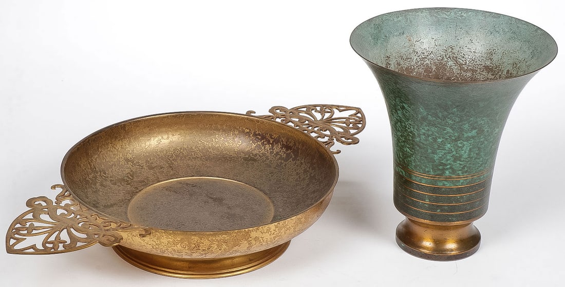 TIFFANY & SORENSEN BRONZE WARES: TIFFANY & SORENSEN BRONZE WARES. Comprising a L.C. Tiffany Furnaces Inc. Favrile gilt bronze double handled footed bowl, #415, width 17.75 inches, height 3 inches. Together with a Carl Sorensen Verdig