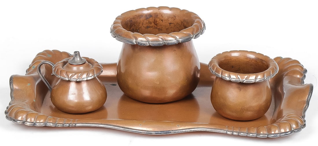 ARTS -N- CRAFTS COPPER & SILVER DESK SET: ARTS -N- CRAFTS COPPER & SILVER DESK SET. Comprising an interesting hand made copper and silver four-piece desk set, underside of tray stamped STERLING AND OTHER METALS. Length of tray 11.5 inches. NO