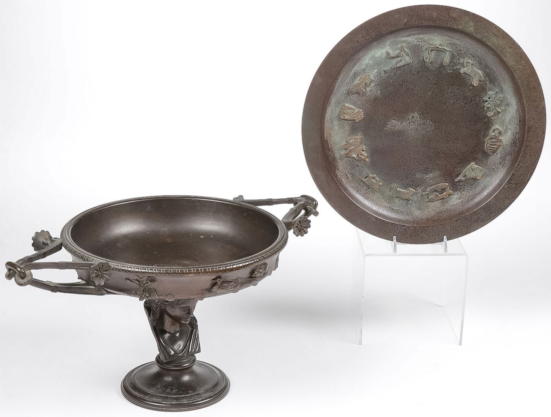 GOOD FRENCH BRONZE COUPE & CHARGER: GOOD FRENCH BRONZE COUPE & CHARGER. Comprising a good 19th century French patinated neo classical bronze coupe or tazza with bust pedestal beneath a large bowl with relief animals and scroll handles, 