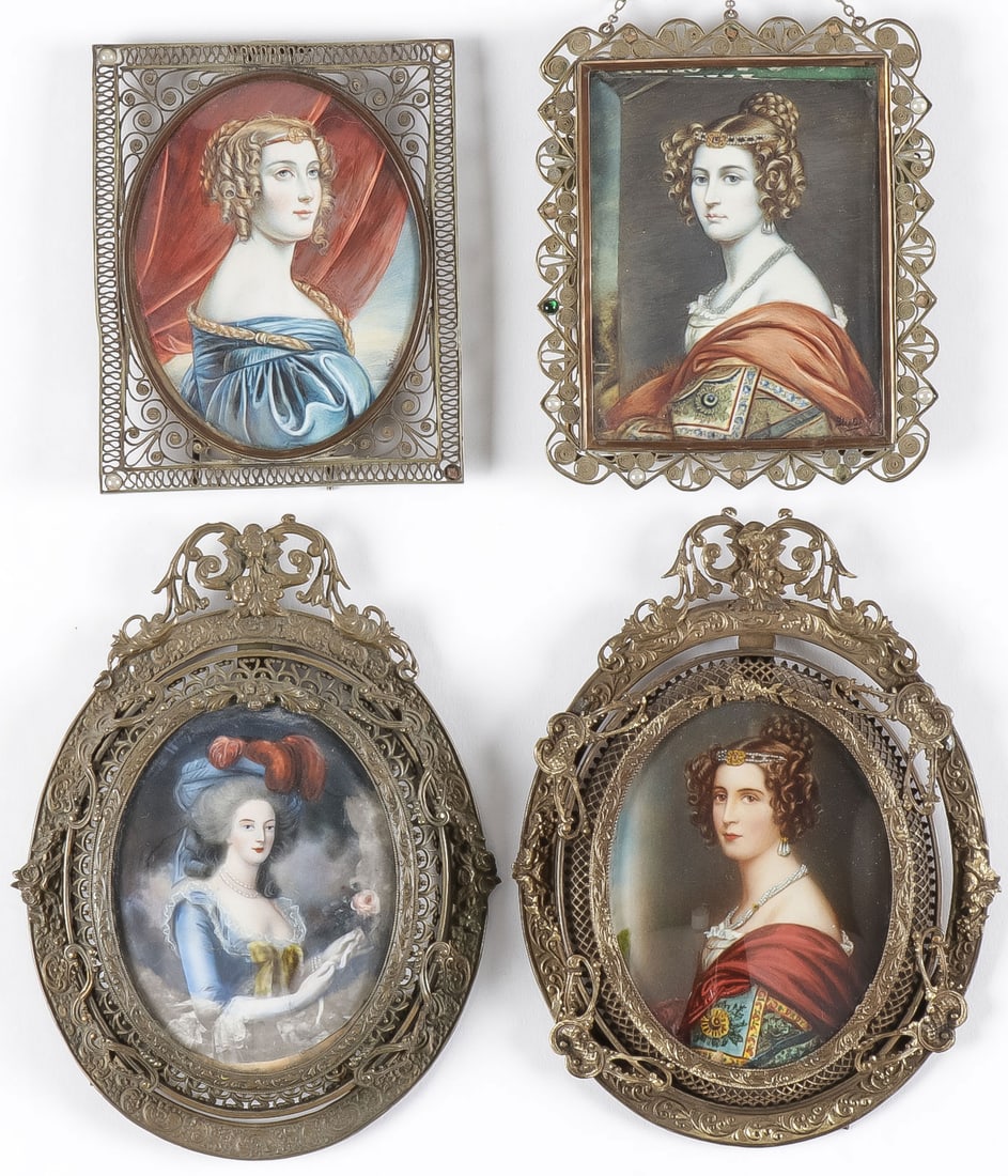 FOUR MINIATURE PORTRAITS INCL. STIELER: FOUR MINIATURE PORTRAITS INCL. STIELER. Each depicting beautiful women in ornate gilt filigree frames. The top two signed Stieler, likely for Joseph Karl Stieler (German 1781-1858). Greatest height, 6
