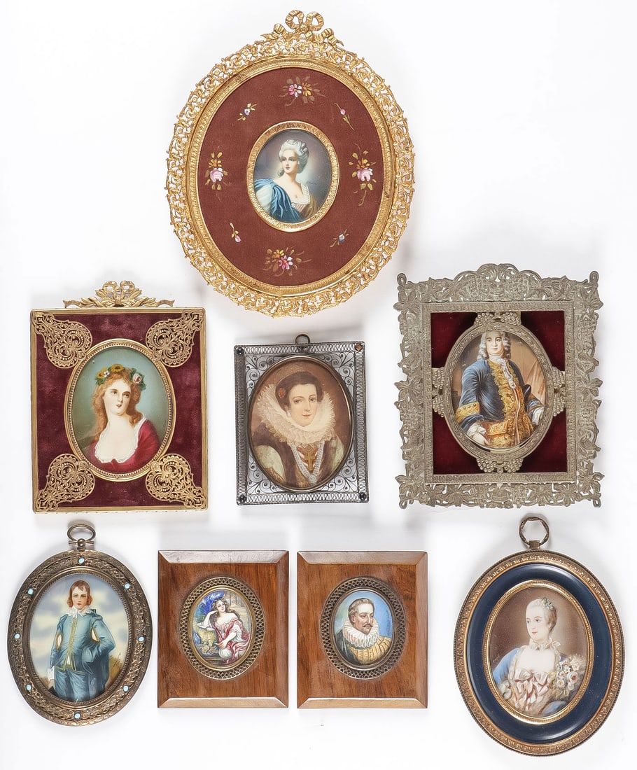 8 MINIATURE PORTRAITS: 8 MINIATURE PORTRAITS. Comprising eight hand-painted oval miniature portraits of various sitters, some artist signed, and in a variety of frame types, including gilt bronze and filigree examples as sh