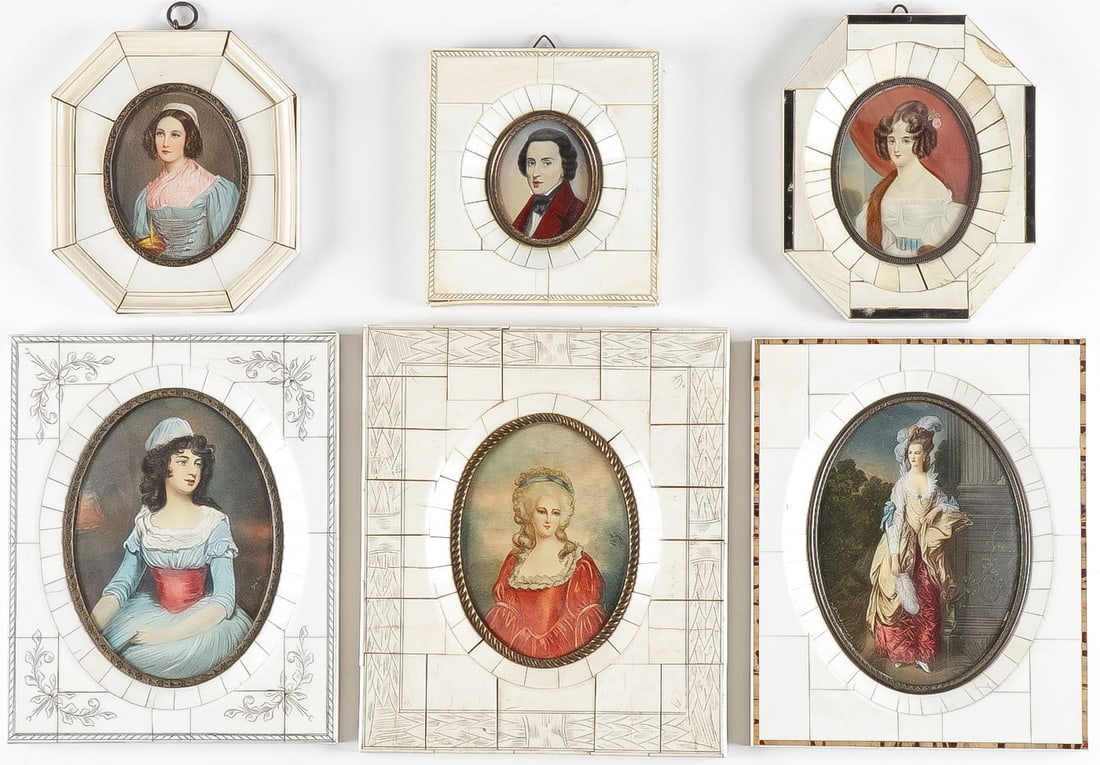 6 MINIATURE PORTRAITS: 6 MINIATURE PORTRAITS. Comprising six hand-painted miniature portraits, some artist signed. Each contained in an or bone veneer frame as shown. Greatest height of frame 8 inches (20.5cm). NO RESERVE. 