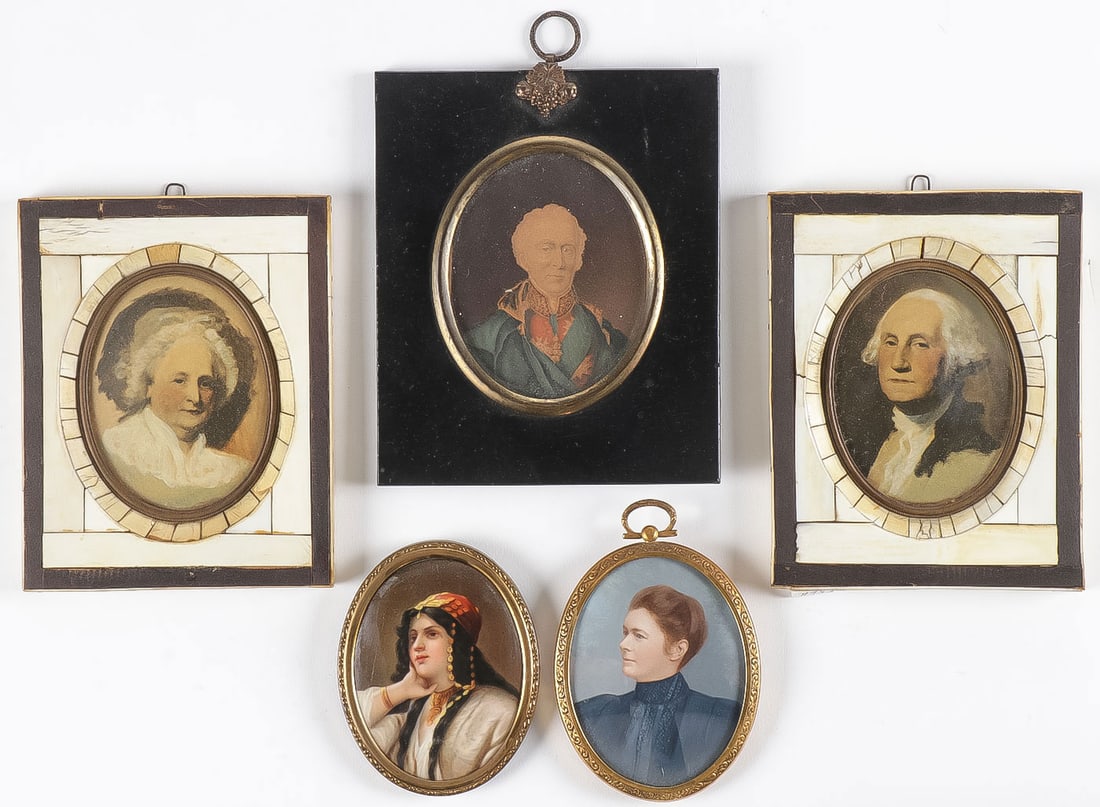 5 MINIATURE PORTRAITS: 5 MINIATURE PORTRAITS. The top row comprising Martha and George Washington in colored lithograph and in matching veneer frames, the center example, also a colored lithograph depicting the Duke of Well