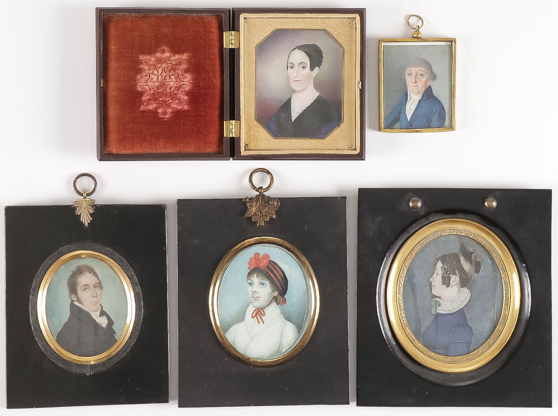 5 MINIATURE PORTRAITS, 19th C: 5 MINIATURE PORTRAITS, 19th C. Comprising a good group of five miniature portraits circa 1800-1835. The example at top left in a later Daguerreotype case purportedly a portrait of Lydia Ball (Chenery)