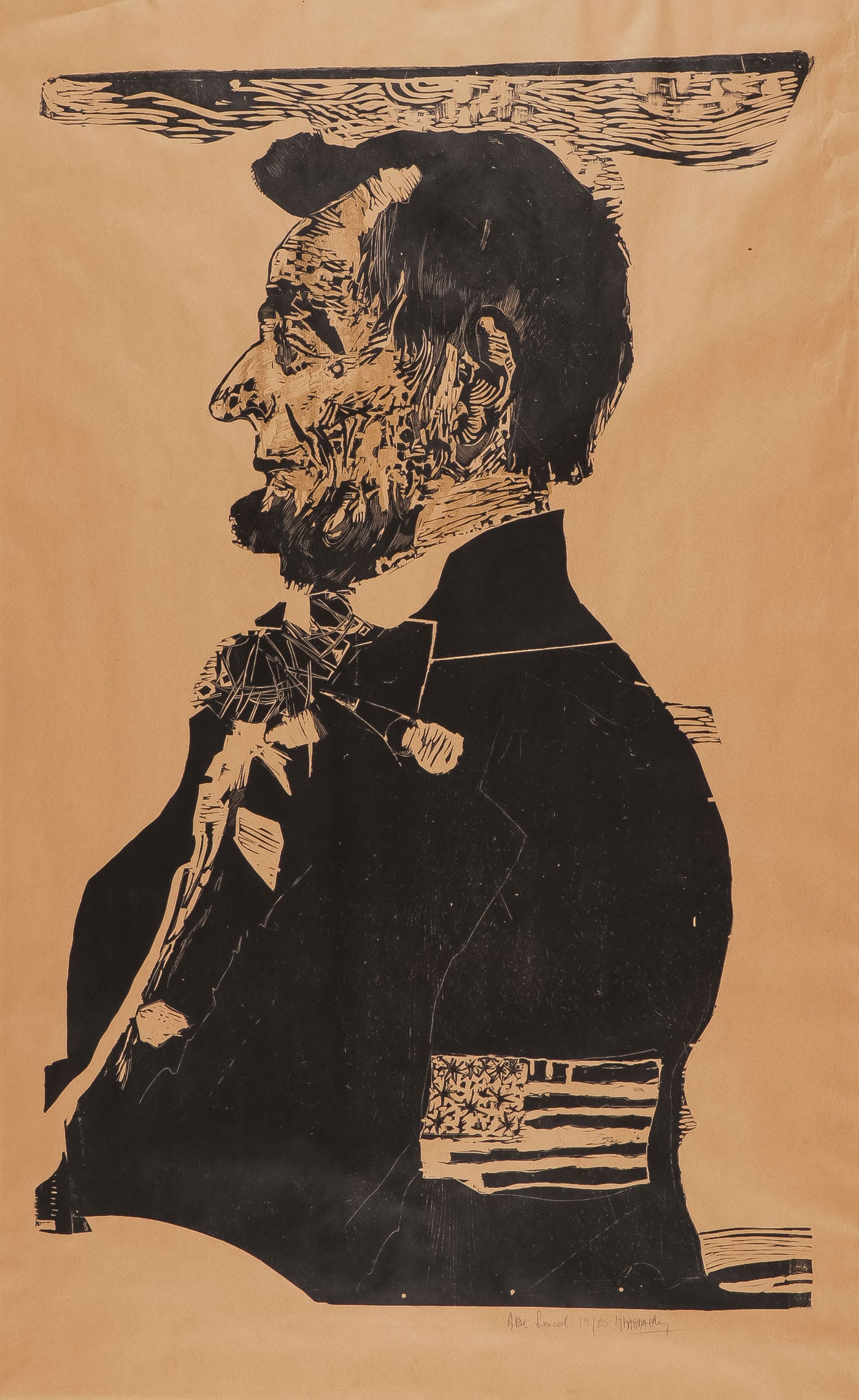 GREAT LASANSKY LINCOLN PRINT, 1988: GREAT LASANSKY LINCOLN PRINT. Comprising a very scarce Mauricio Lasansky (1914-2012) lino-cut print titled Abe Lincoln, signed lower right, and titled and numbered 19/50, circa 1988. Sheet size 57.25