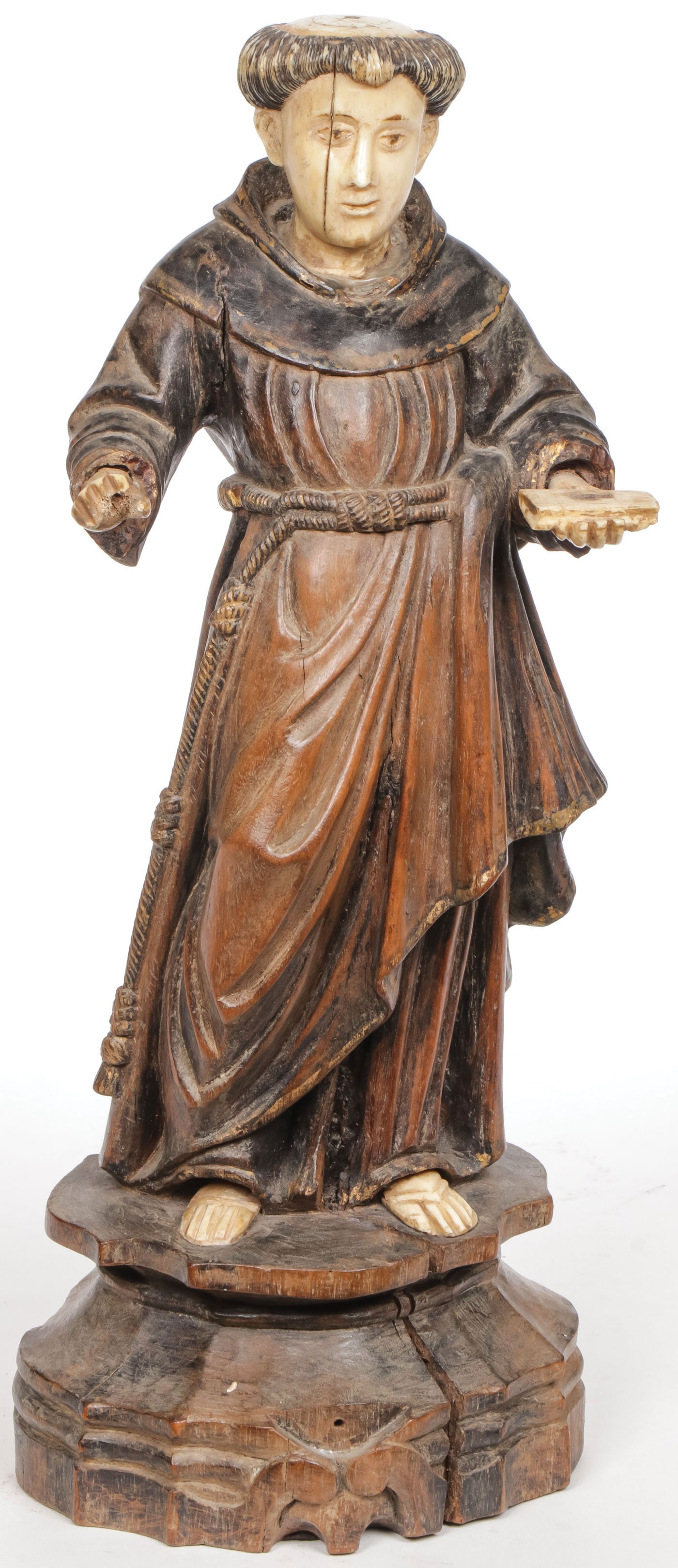 CARVED WOOD & ST. ANTHONY, 18TH CENTURY: CARVED WOOD & ST. ANTHONY, 18TH CENTURY. Comprising a carved wood Spanish Colonial standing figure of Saint Anthony of Padua, carved in full round with deep folds, of good proportions, the flesh carve