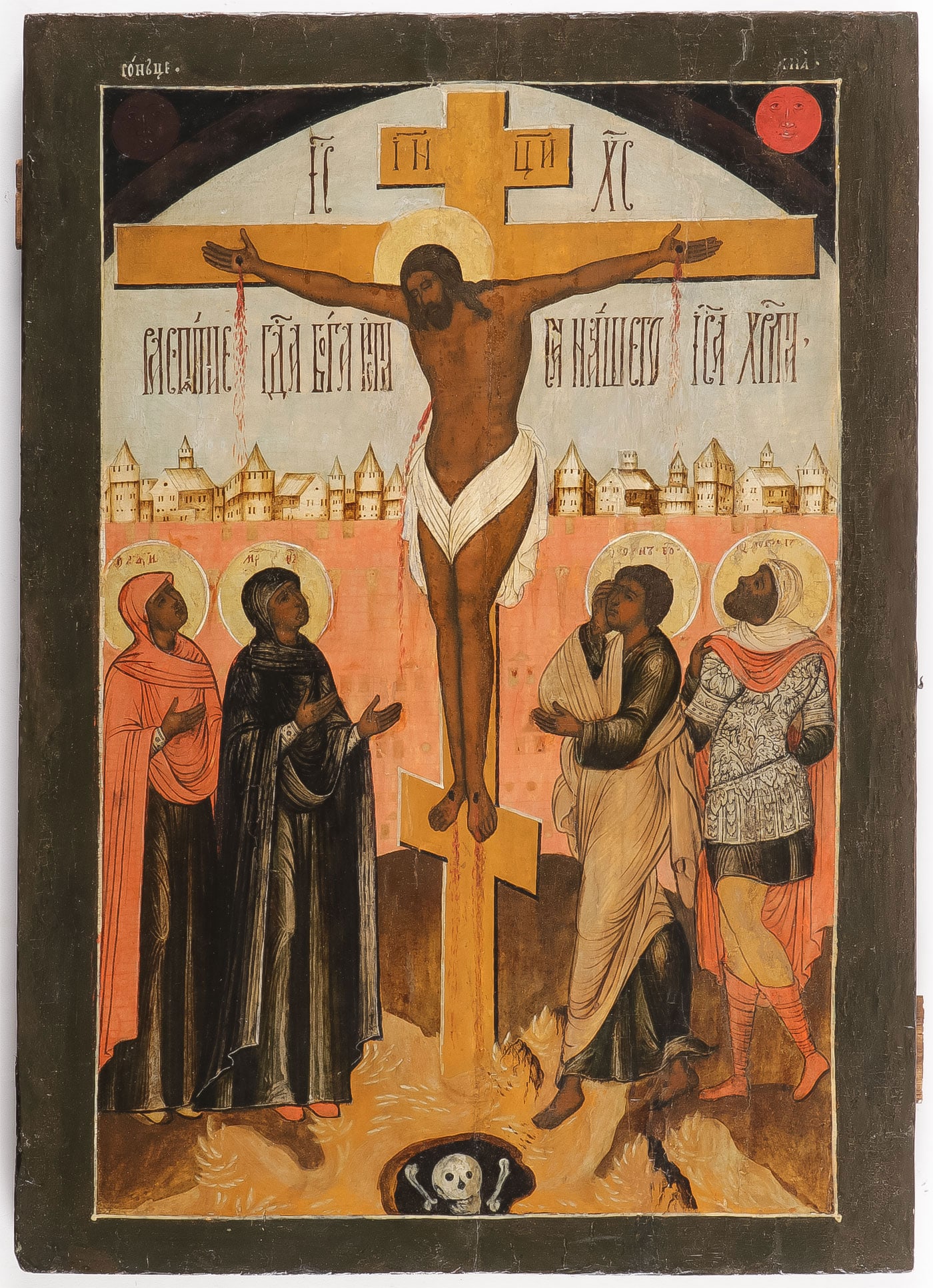 RUSSIAN ICON OF CRUCIFIXION, 18TH C: RUSSIAN ICON OF CRUCIFIXION, 18TH C. Comprising a good larger Russian icon of the Crucifixion, probably Yaroslavl, and probably from a small iconostasis. 20.25 inches x 15 inches (54cm x 39cm). NO RES