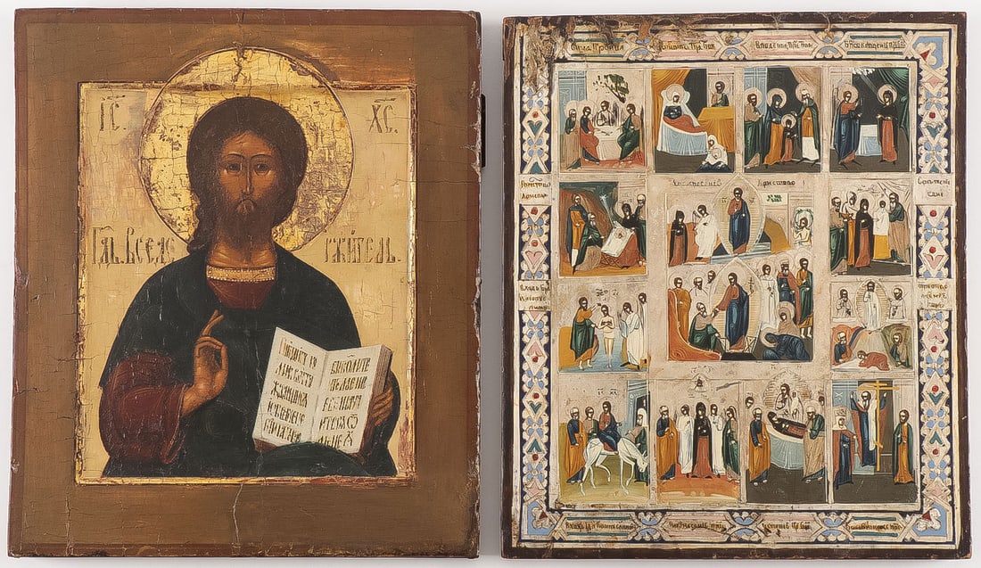 PR RUSSIAN ICONS, 19th C: PR RUSSIAN ICONS, 19th C. Comprising an icon of Christ as the Lord Almighty, 12.5 inches x 10.5 inches (31.8cm x 26.7cm) and an icon of the Resurrection and Feast Days, 12 inches x 10.25 inches (30.5c