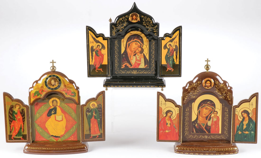 THREE RUSSIAN ICON TRIPTYCHS: THREE RUSSIAN ICON TRIPTYCHS. Comprising three finely painted triptychs, including one of Christ, one of The Tenderness Mother of God and one of the Kazan Mother of God, each with the wings painted wi