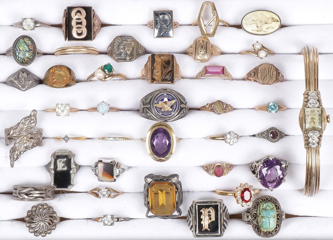 GOOD GROUP VINTAGE JEWELRY, C. 1880-1950: GOOD GROUP VINTAGE JEWELRY, C. 1880-1950. Comprising 40 individual pieces consisting of 39 rings and a watch, including a men's 14K gold wedding band, a 14kt gold ladies ring with one accent diamond, 