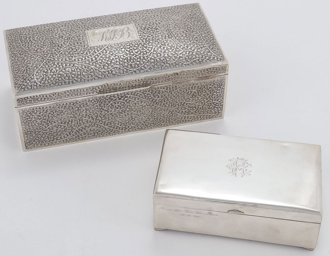 ASIAN INDIAN SILVER BOXES: ASIAN INDIAN SILVER BOXES. Comprising a Pakistan wood-lined silver box, the interior with engraved dedication plaque to K. J. Bhore Esq. Director General of Civil Aviation on the occasion of his retir