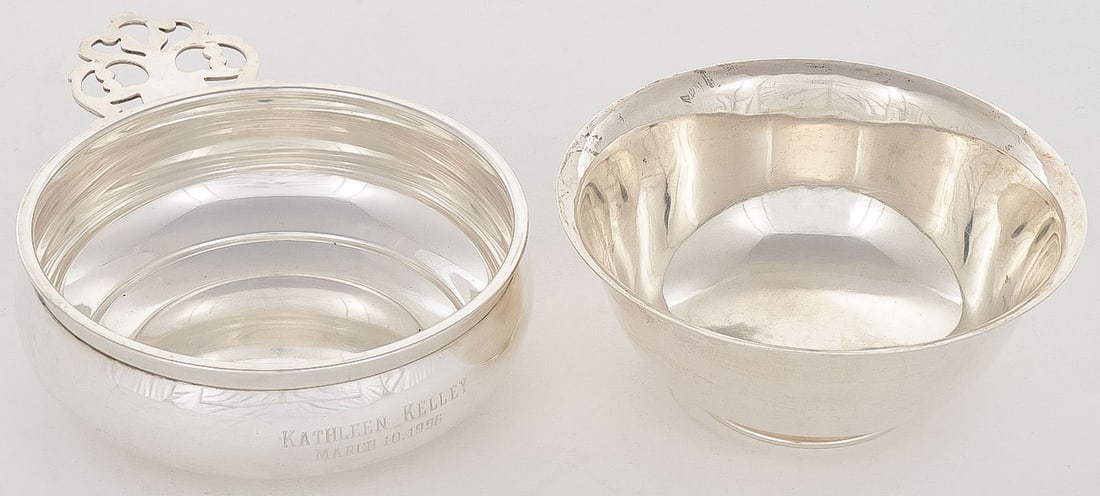 PAIR OF STERLING SILVER BOWLS: PAIR OF STERLING SILVER BOWLS. Comprising a Gorham Revere porringer together with a footed sterling bowl.? Total weight 543 grams. NO RESERVE.Provenance: The Doctor Manmohan Singh MD (1937-2024) lif