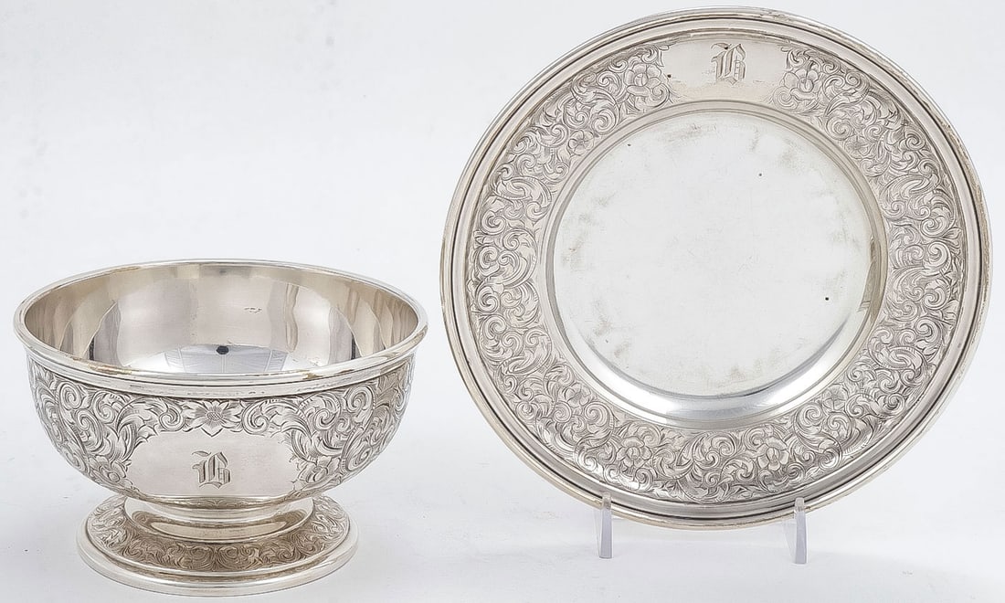 STERLING SILVER BOWL & UNDERPLATE: STERLING SILVER BOWL & UNDERPLATE. Comprising a matching pair of Black Star & Frost Sterling silver engraved bowl and underplate, both with monogram. Bowl diameter 5 inches (12.9cm). Height 3 inches (