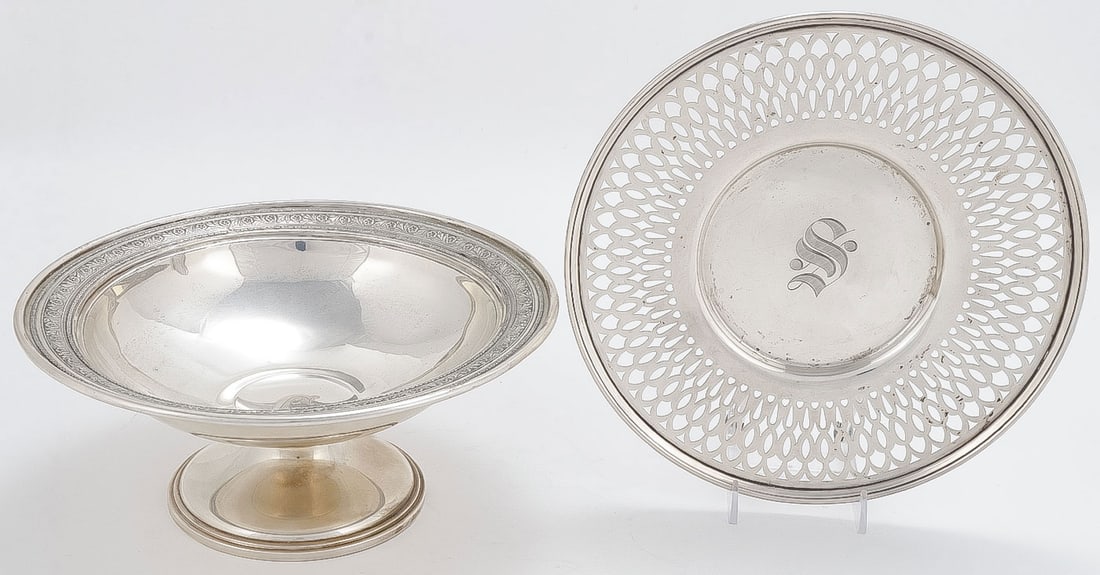 STERLING SILVER COMPOTE & TRAY: STERLING SILVER COMPOTE & TRAY. Comprising a Julius O. Randahl sterling footed compote and a Harris & Shaefer pierced sterling tray. Both pieces are monogramed. Greatest diameter 10 inches. Total weig