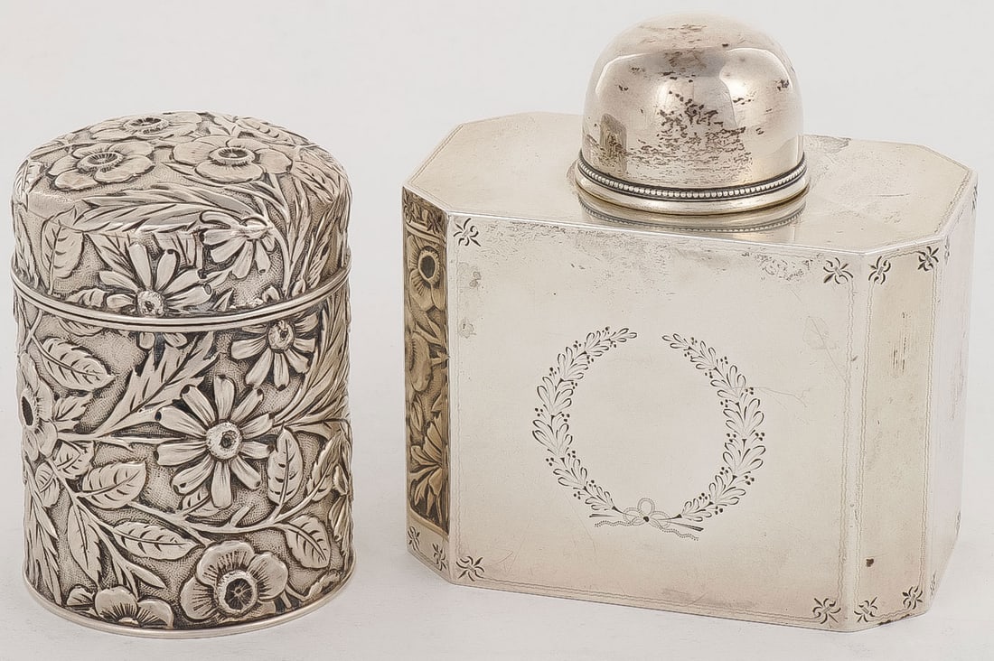 AMERICAN STERLING TEA CADDY & INKWELL: AMERICAN STERLING TEA CADDY & INKWELL. Comprising a Gorham Aesthetic Movement inkwell with a hinged lid and heavy glass insert. Together with a Goodnow & Jenks sterling tea caddy with fitted lid and c