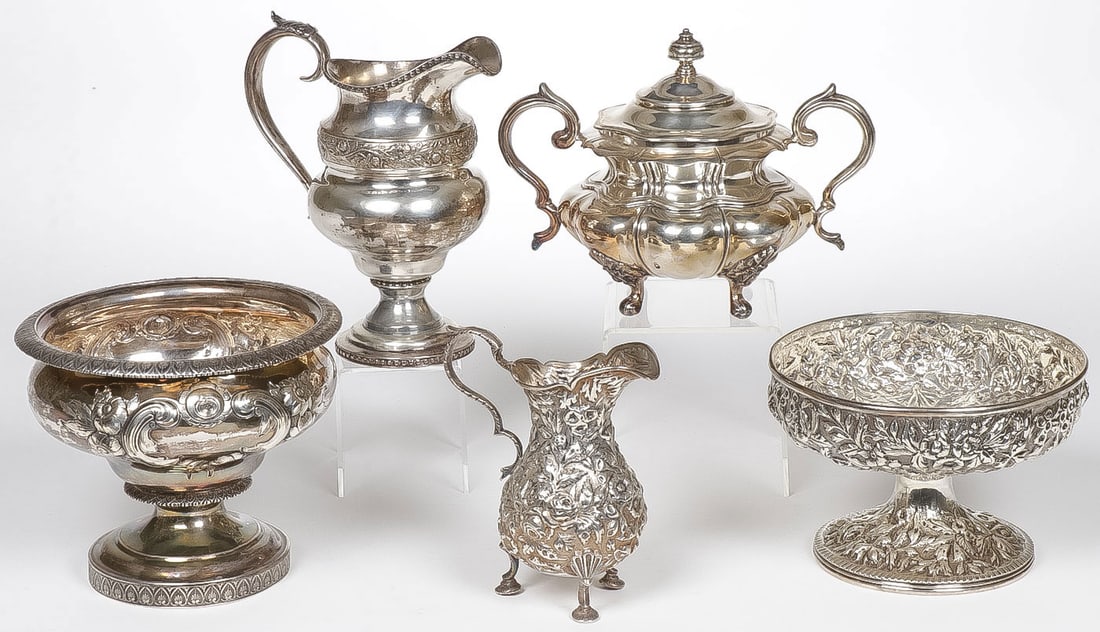 5 PCS AMERICAN COIN SILVER: 5 PCS AMERICAN COIN SILVER. Comprising an ornate footed compote, a footed milk pitcher, a covered sugar bowl, an ornate Kirk & Son footed creamer, and a S. Krik & Sons footed compote. Greatest height,