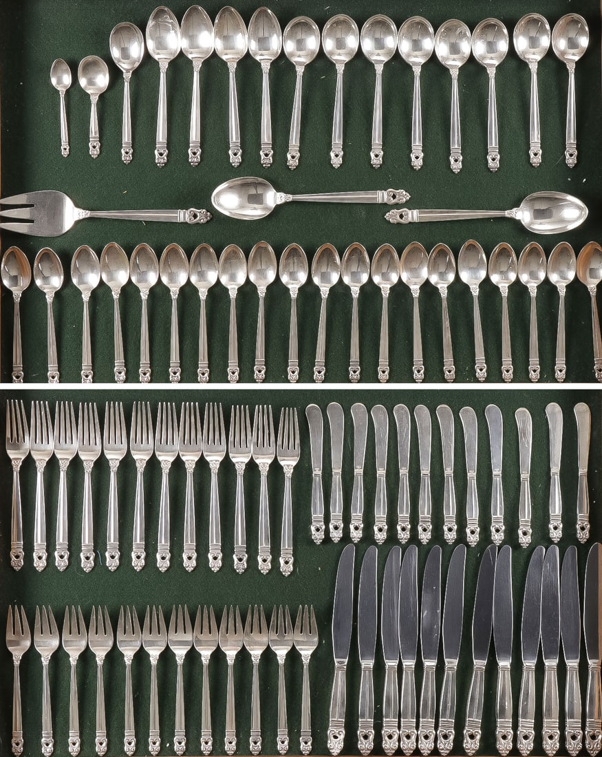 86 PC ROYAL DANISH INTERNATIONAL STERLING SERVICE: 86 PC ROYAL DANISH INTERNATIONAL STERLING SERVICE. Comprising 20 dinner spoons, 12 dinner forks, 12 salad forks, 12 butter knives, 12 dinner knives, 8 soup spoons, salad spoon and fork, 1 demitasse sp