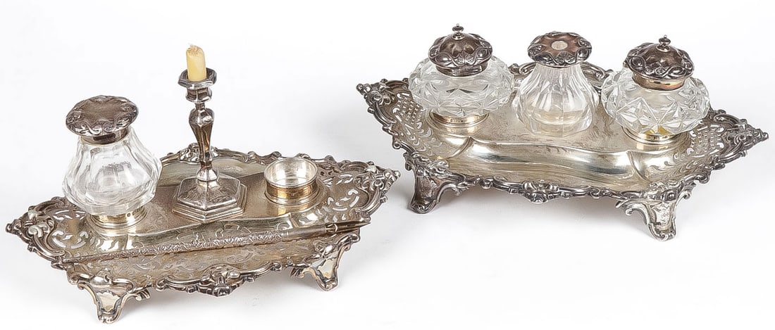 PAIR OF SILVER ENGLISH VICTORIAN INKSTANDS: PAIR OF SILVER ENGLISH VICTORIAN INKSTANDS. Both on raised feet with pierced rims and both with full hallmarks, one with missing glass insert, makers marks for Charles Boyton and H.W. & Co. Greatest l