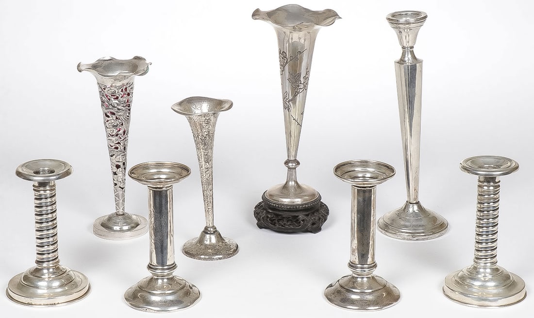 STERLING CANDLESTICKS AND VASES: STERLING CANDLESTICKS AND VASES. Comprising two matching pair of matching candlesticks, one Tiffany set, a single weighted candlestick, together with three silver sterling vases including an Asian exp