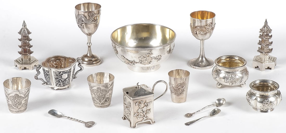 14 PCS CHINESE EXPORT SILVER: 14 PCS CHINESE EXPORT SILVER. Comprising a footed bowl, egg cups, master salts, shots, and shakers as shown. Various makers. Greatest height, 3.5 inches. Total weight 550 grams NO RESERVE.Provenance: