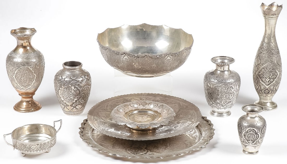 10 PCS ASIAN METAL WARE: 10 PCS ASIAN METAL WARE. Comprising ten individual pieces including bowls, vases, and trays as shown each piece heavily decorated, some with stamped marks on underside of base and some possibly silver
