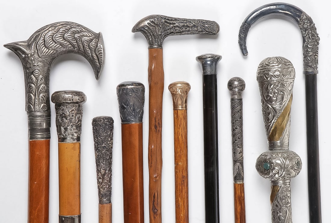 10 VINTAGE CANES/WALKING STICKS: 10 VINTAGE CANES/WALKING STICKS. Comprising ten individual examples, some with sterling silver handles, greatest length 39.25 inches. NO RESERVE. Provenance: The Doctor Manmohan Singh MD (1937-2024)