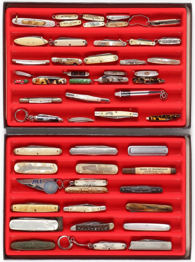 VINTAGE ADVERTISING POCKETKNIVES: VINTAGE ADVERTISING POCKETKNIVES. Comprising over fifty, mostly miniature and mostly advertising pocketknives of various shapes, sizes, and materials, including Mother of Pearl and Bakelite as shown. 