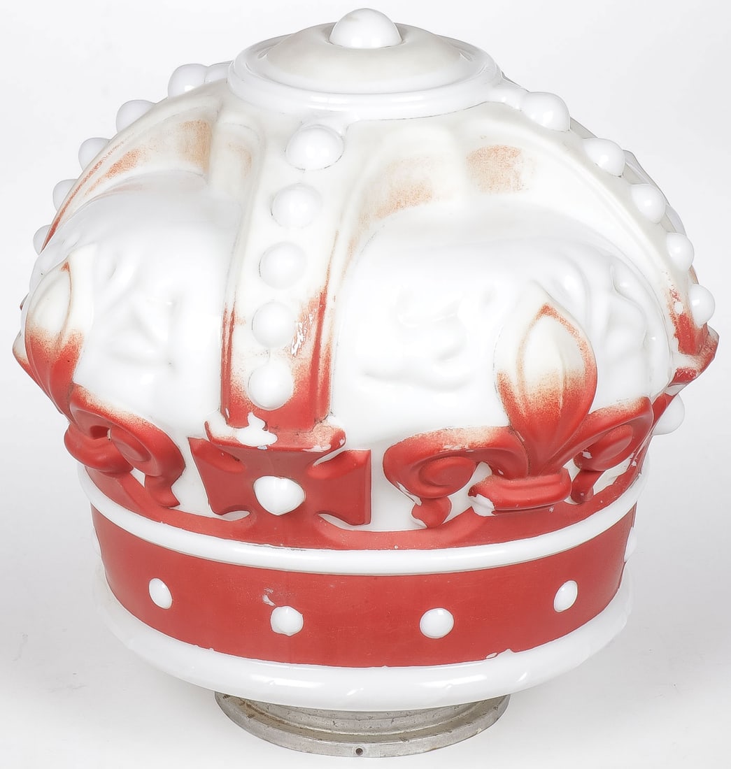 STANDARD OIL RED CROWN GLOBE: STANDARD OIL RED CROWN GLOBE. Comprising a standard oil Red Crown milk glass painted globe with original metal collar, and one small area of loss on lower rim. Height 16.5 inches. NO RESERVE. Provenan