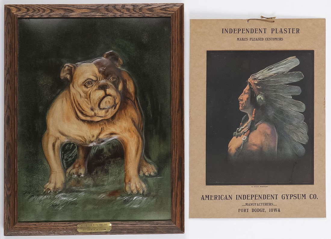 PAIR EMBOSSED ADVERTISING PIECES: PAIR EMBOSSED ADVERTISING PIECES. Comprising a good Segars cigars bulldog store advertising framed artwork. In original oak frame with engraved brass plaque as shown, and with printed copyright 1900 b