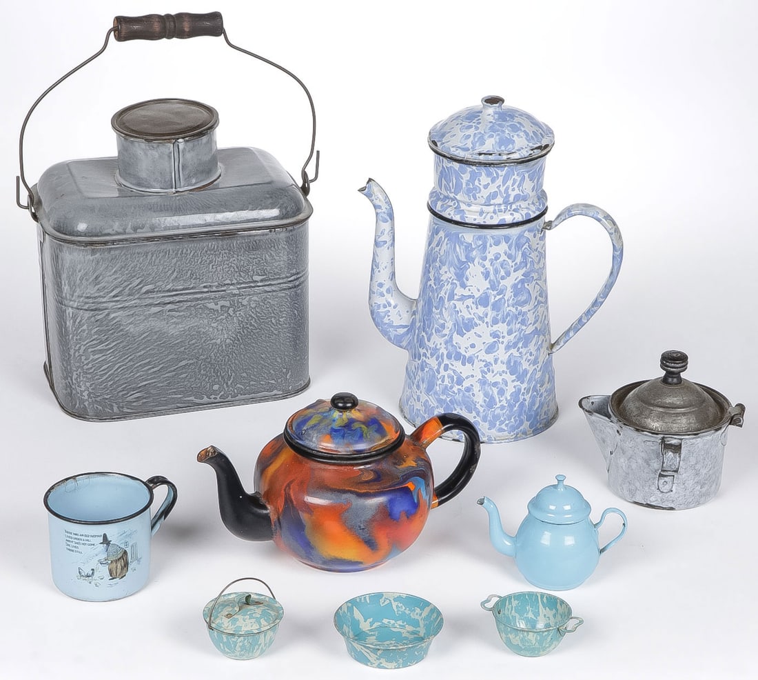 GOOD VINTAGE GRANITEWARE GROUP: GOOD VINTAGE GRANITEWARE GROUP. Comprising 9 individual pieces, including a scarce end of day teapot and other pieces as shown. Greatest height 10.75 inches. NO RESERVE. Provenance: From the estate o