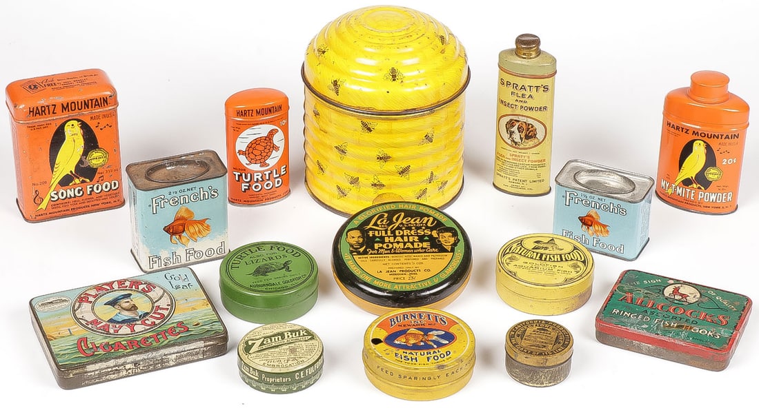 15 VINTAGE ADVERTISING TINS: 15 VINTAGE ADVERTISING TINS. Comprising 15 good tin lithograph containers, mostly for pet food, but including other items including a scarce La Jean Full Dress Hair Pomade, as well as bird food tins, 