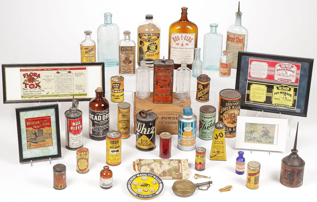 40 VINTAGE ADVERTISING TINS & MORE: 40 VINTAGE ADVERTISING TINS & MORE. Comprising a good assortment of mostly insecticide tins and bottles as well as some related framed advertising material, a wooden box, and vintage bottles, includin