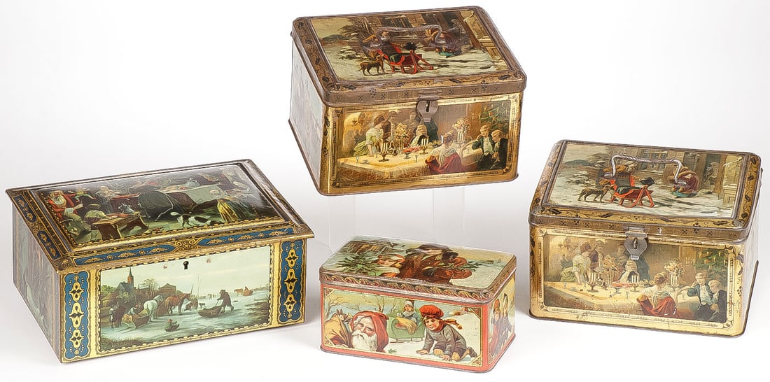 4 LARGE VINTAGE CHRISTMAS TINS: 4 LARGE VINTAGE CHRISTMAS TINS. Comprising four tin lithograph biscuit or candy tins, each with Christmas theme decoration, including harder to find examples, including one with inset mirror on hinged