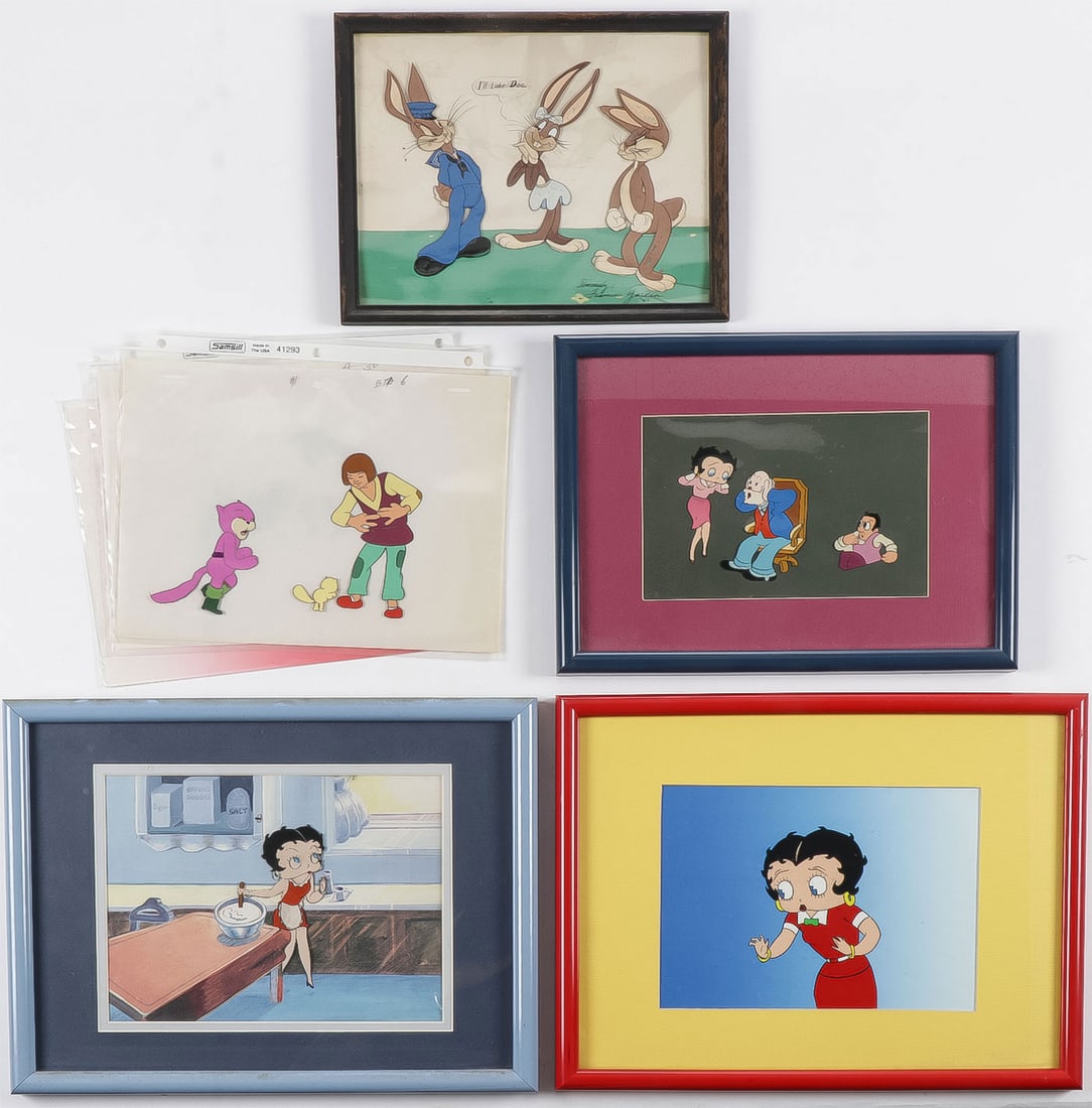 7 VINTAGE CARTOON CELLS: 7 VINTAGE CARTOON CELLS. Comprising a Bugs Bunney cell signed Frances Garcia and dated '43 (8" x 10"), 4 Betty Boop, and others as shown. NO RESERVE. Provenance: From the estate of noted antique deal