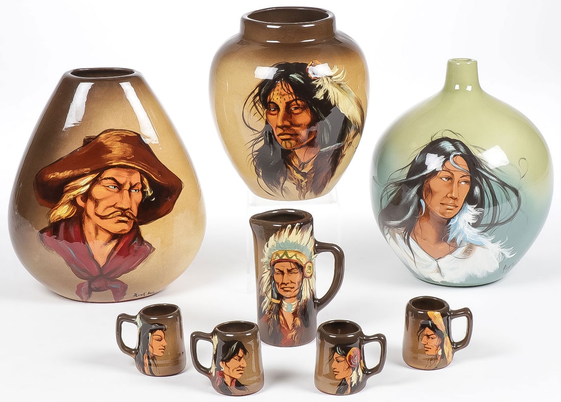 8 PCS WIHOA POTTERY: 8 PCS WIHOA POTTERY. Comprising eight individual pieces of various shapes and sizes as shown including a five-piece matching pitcher and mug set and each piece signed Rick Wisecarver, greatest height 