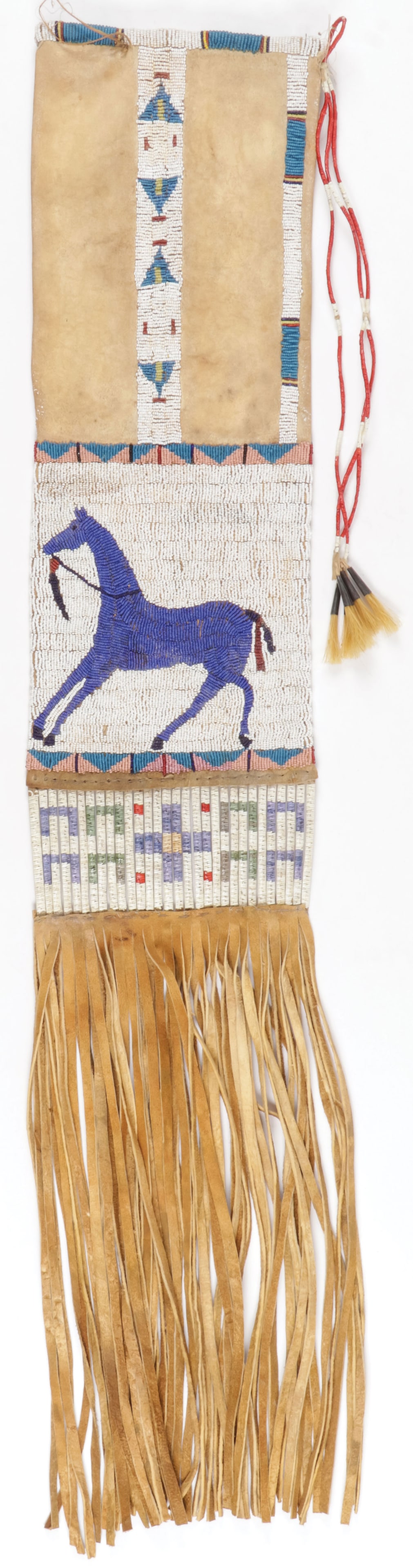 GREAT PICTORIAL BEADED BAG, C: GREAT PICTORIAL BEADED BAG, C. Comprising a traditional Sioux-style beaded pipe bag, native tanned hide, sinew and lazy stitched with geometric patterns and galloping horses rendered in blue and green