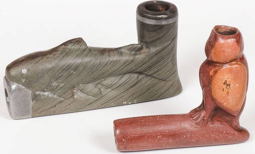 PAIR OF FIGURAL PIPE BOWLS: PAIR OF FIGURAL PIPE BOWLS. Comprising a carved Catlinite owl form pipe bowl and a Great Lakes carved stone catfish pipe bowl with pewter banding, greatest length 5 inches. NO RESERVE.SHIPPING NOTICE: