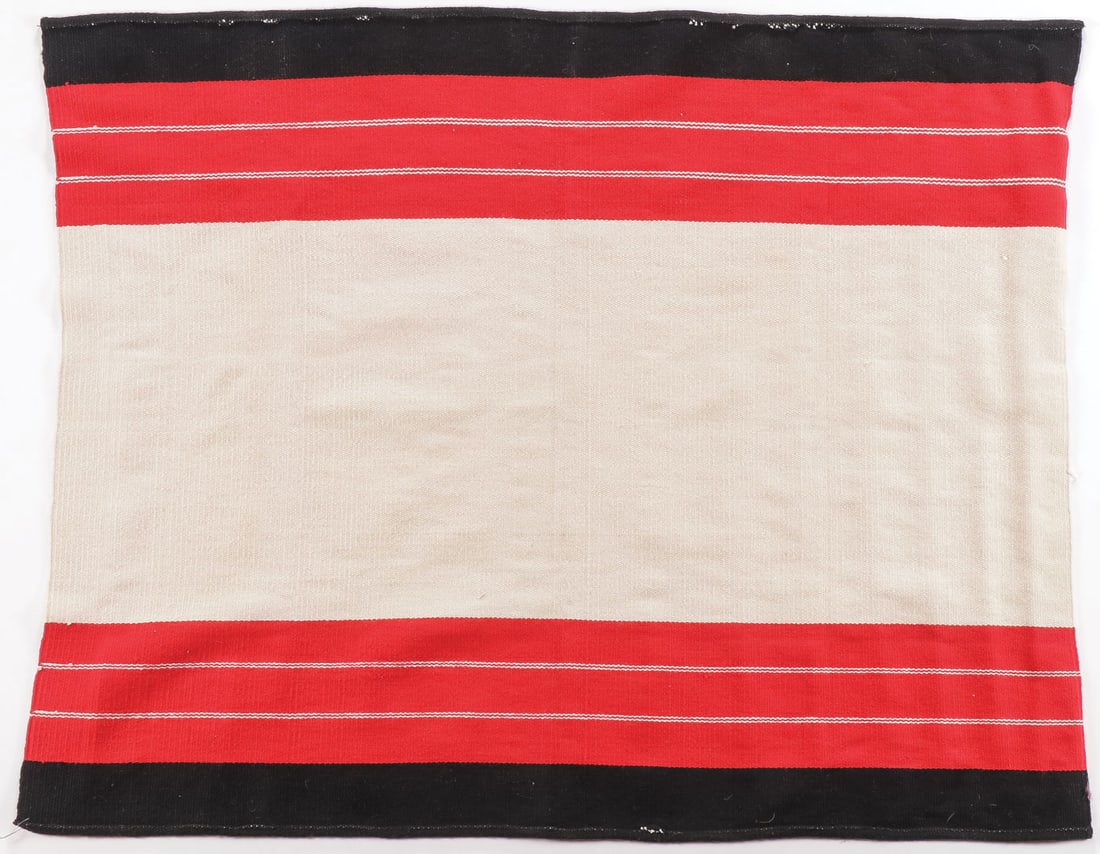 PUEBLO STYLE TRADITIONAL DANCE MANTA: PUEBLO STYLE TRADITIONAL DANCE MANTA. Comprising a white cotton manta with aniline dyed red and black, handspun wool and white cotton, 20th century.?37.75 inches x 47.5 inches. NO RESERVE. SHIPPING NO