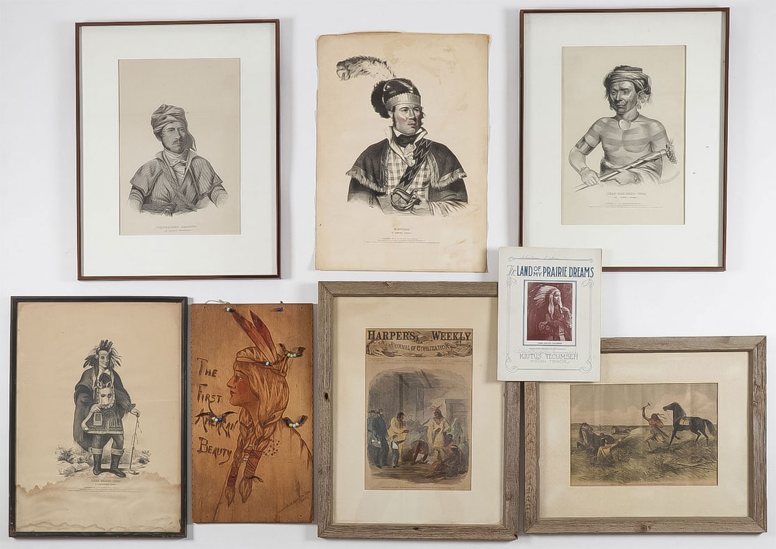 NATIVE AMERICAN ART GROUP: NATIVE AMERICAN ART GROUP. Comprising seven individual pieces including four folio size lithographs, three framed, one loose as shown, a colored Currier and Ives titled "The Last Shot", a? December 20