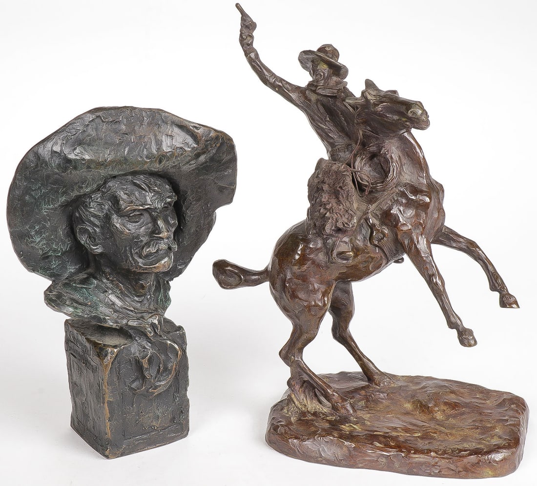 WESTERN BRONZE GROUP: WESTERN BRONZE GROUP. Comprising a patinated bronze bust "The Sergeant" after Fredric Remington. Together with a patinated bronze of "Smoking Up" after Charels Marion Russell. Both pieces signed, and 