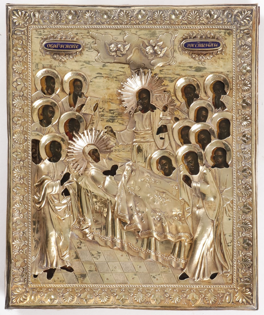 RUSSIAN ICON OF THE DORMITION: A RUSSIAN ICON OF THE DORMITION, MOSCOW 1827. Comprising a finely painted icon of the Dormition in the Frankish style being an extended influence of the Moscow Armory School style. Here Christ (at cen