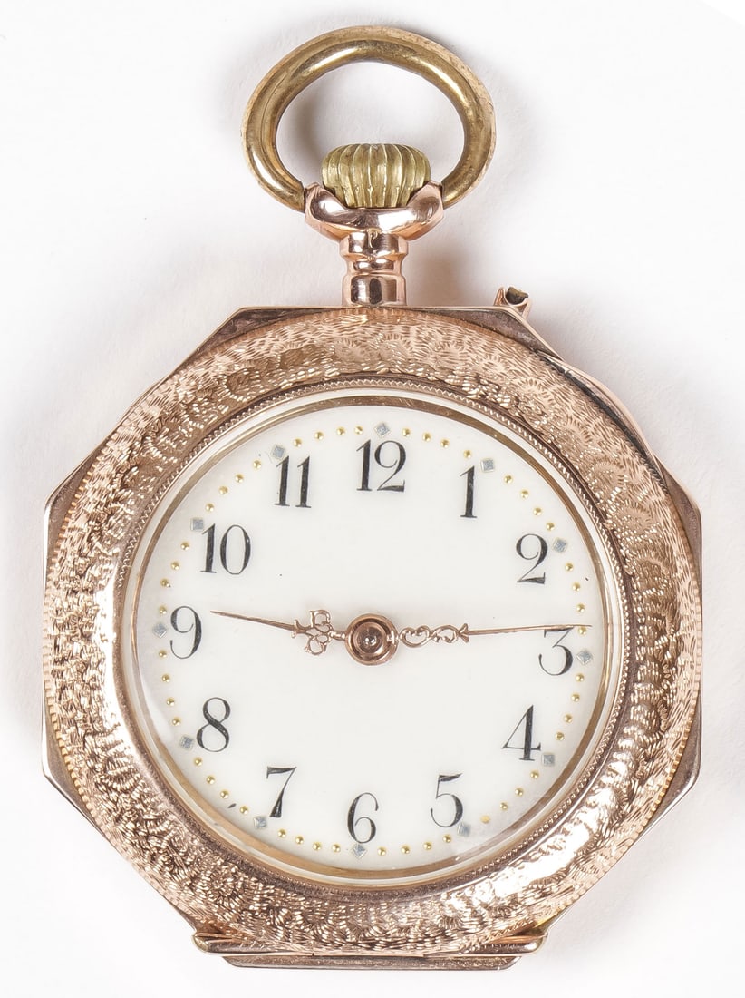 A SWISS 14K & ENAMEL PENDANT WATCH: A SWISS 14K & ENAMEL PENDANT WATCH. Comprising a charming lady’s pendant watch, open face. The back cover finely chased and with champleve enamel flowers with Swiss 14K squirrel mark and stamped .58