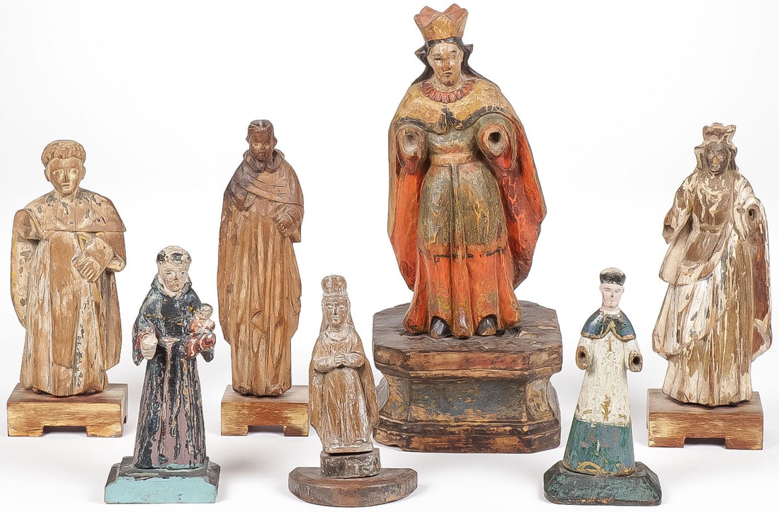 7 VINTAGE CARVED SANTOS: 7 VINTAGE CARVED SANTOS. Comprising an attractive group of seven carved and polychrome wood santos, circa 1820-1920. Comprinsing various saints, as shown. Greatest height 15 inches. SHIPPING NOTICE: E