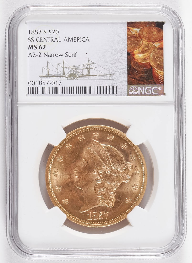 1857S $20 GOLD DOUBLE EAGLE USS CENTRAL AMERICA