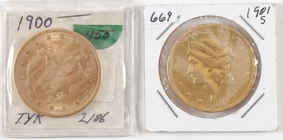 TWO $20 GOLD U.S. LIBERTY COINS, 1900 & 1901
