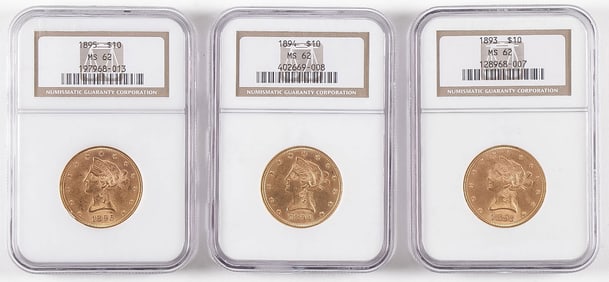 3 U.S. GOLD $10 LIBERTY HEADS,1893, 1894, 1895